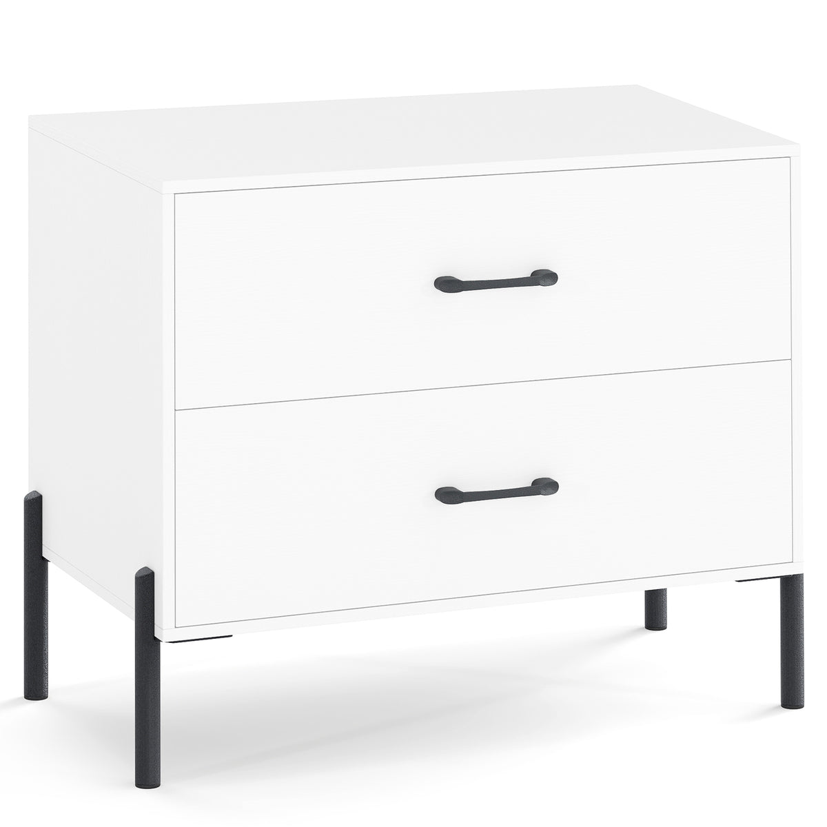 Modern Wooden 2-Drawer Nightstand with Metal Legs and Handles-White