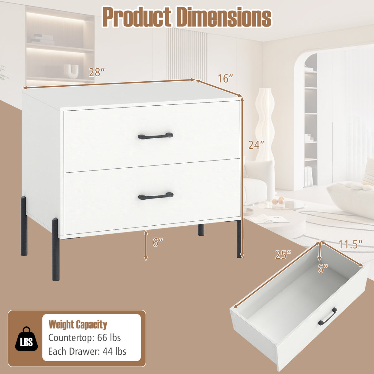 Modern Wooden 2-Drawer Nightstand with Metal Legs and Handles-White
