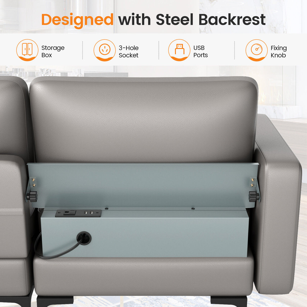 Modular 1/2/3/4-Seat L-Shaped Sectional Sofa Couch with Socket USB Port-3