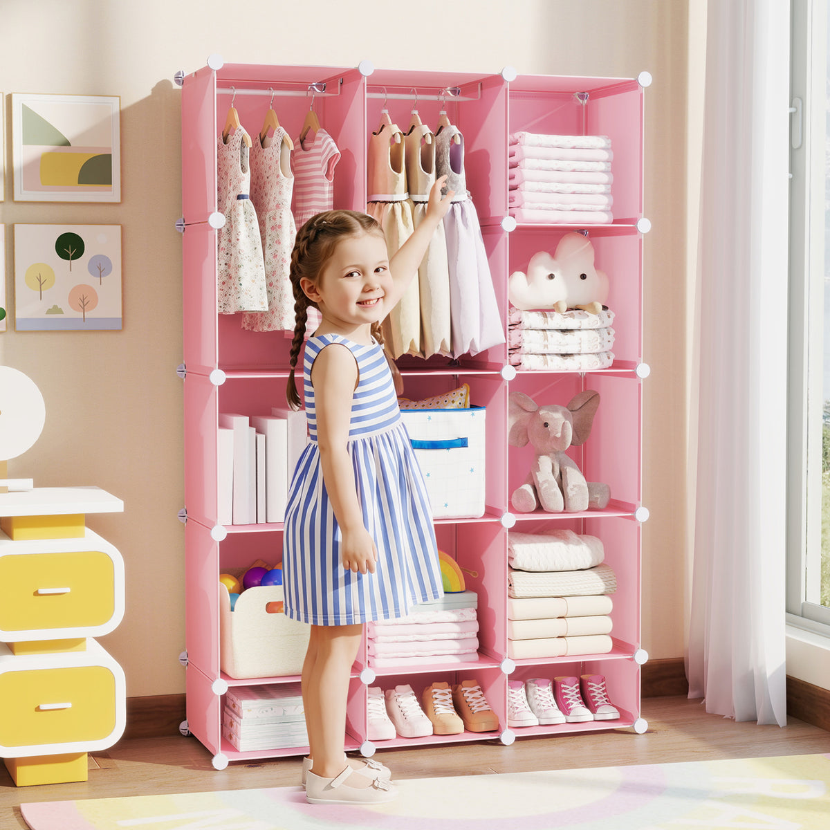 Modular Baby Wardrobe with 13 Cubes and Hanging Rod and Shelves Stackable