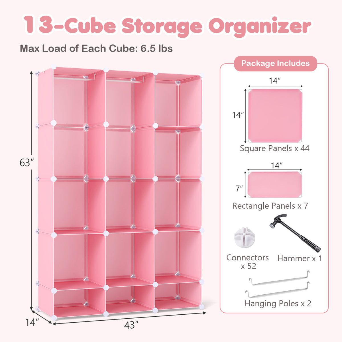 Modular Baby Wardrobe with 13 Cubes and Hanging Rod and Shelves Stackable