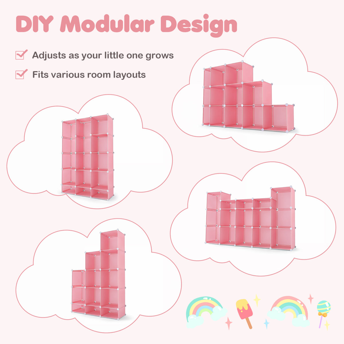 Modular Baby Wardrobe with 13 Cubes and Hanging Rod and Shelves Stackable