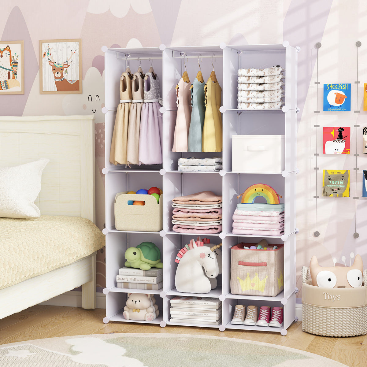 Modular Baby Wardrobe with 13 Cubes and Hanging Rod and Shelves Stackable