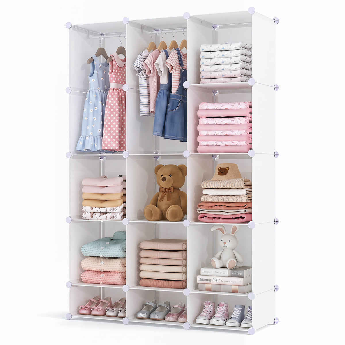Modular Baby Wardrobe with 13 Cubes and Hanging Rod and Shelves Stackable
