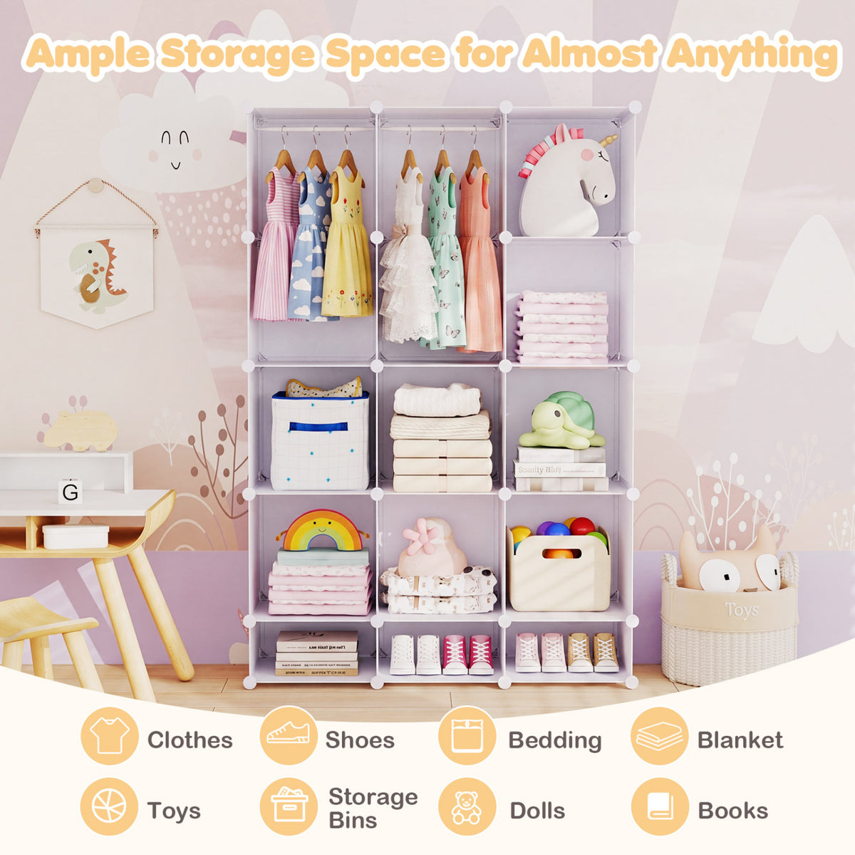 Modular Baby Wardrobe with 13 Cubes and Hanging Rod and Shelves Stackable