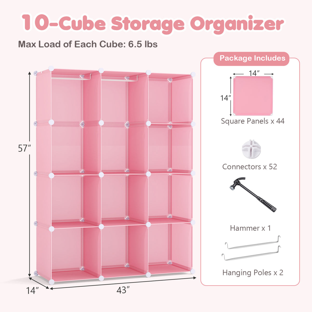 Modular Baby Wardrobe with 10 Cubes & Hanging Rod and Shelves Stackable