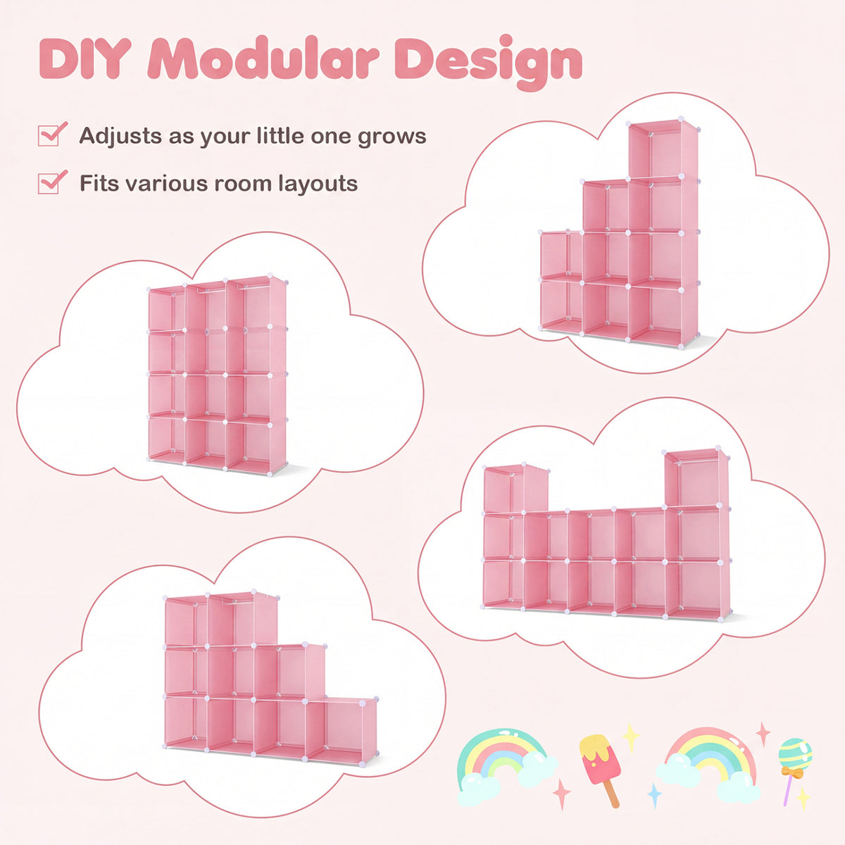 Modular Baby Wardrobe with 10 Cubes & Hanging Rod and Shelves Stackable