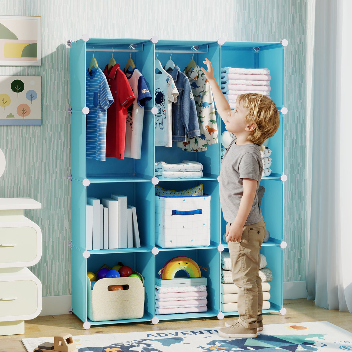 Modular Baby Wardrobe with 10 Cubes & Hanging Rod and Shelves Stackable