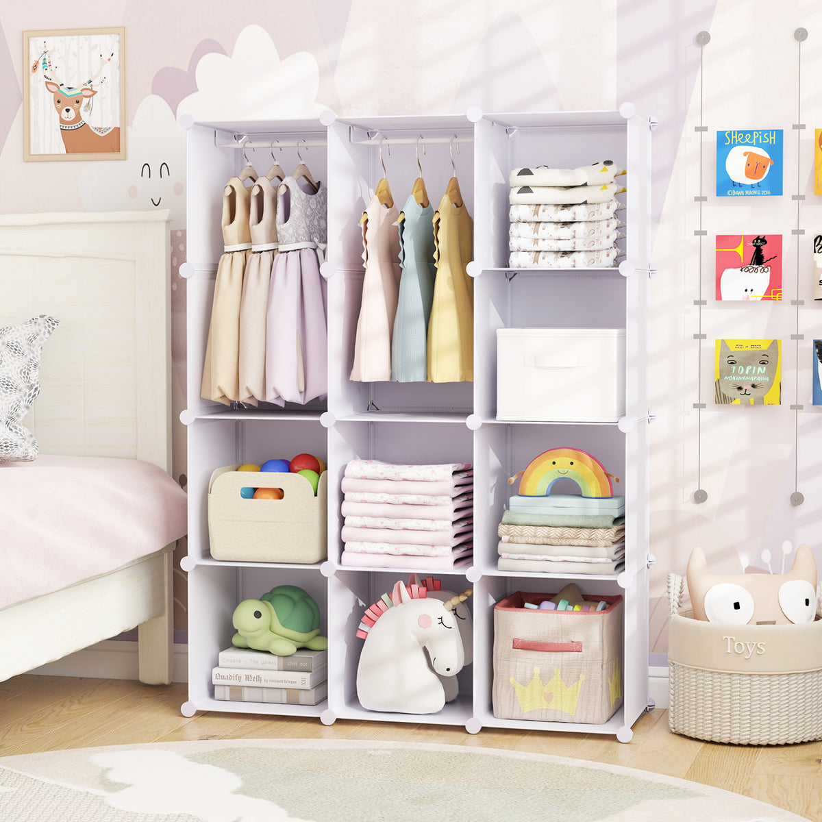Modular Baby Wardrobe with 10 Cubes & Hanging Rod and Shelves Stackable