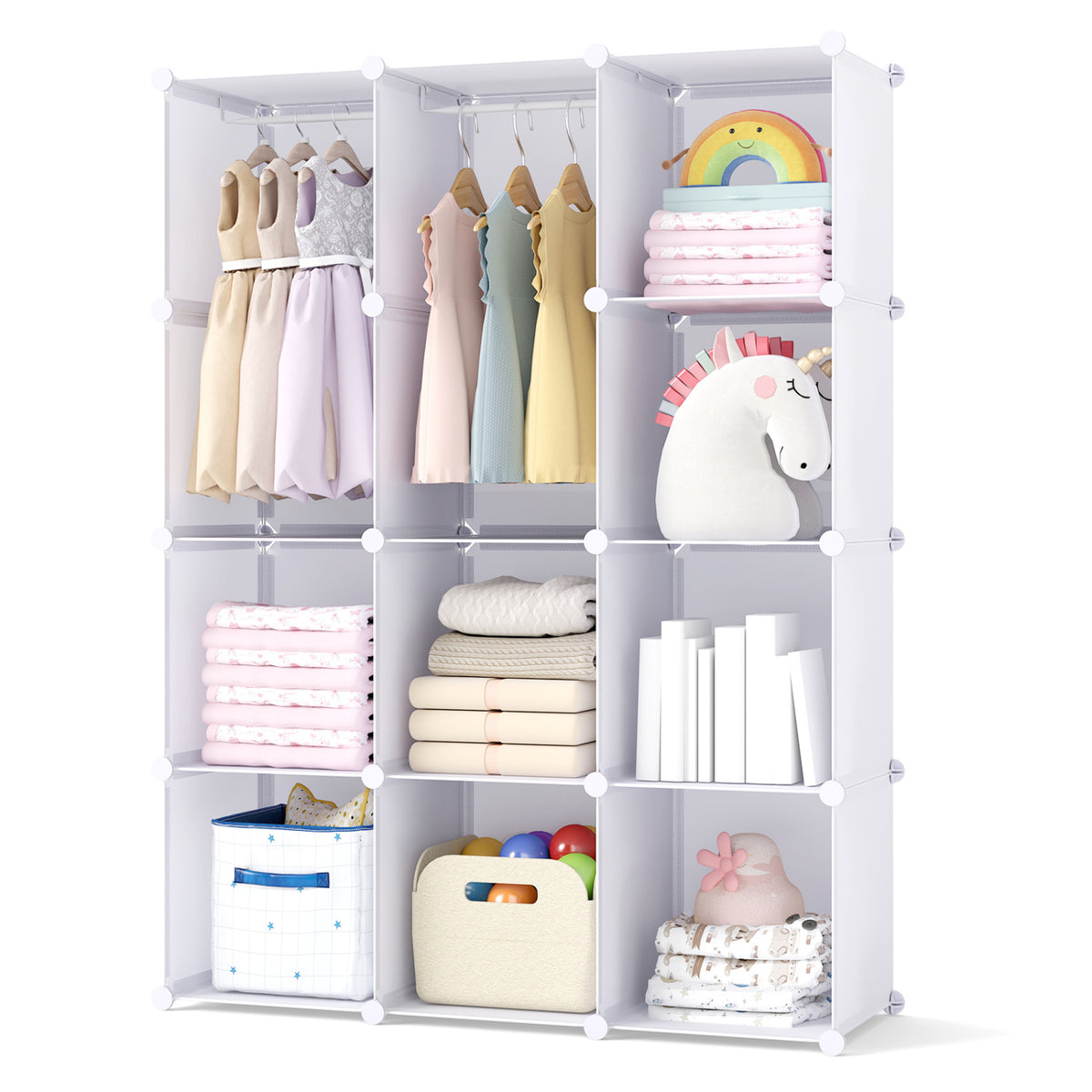 Modular Baby Wardrobe with 10 Cubes & Hanging Rod and Shelves Stackable