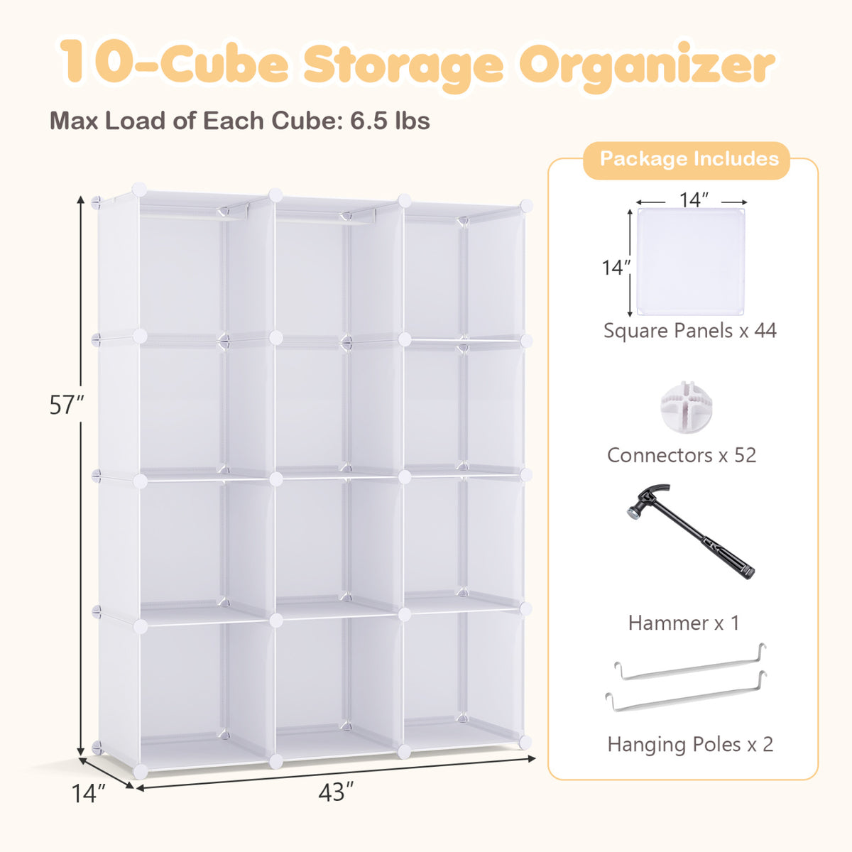 Modular Baby Wardrobe with 10 Cubes & Hanging Rod and Shelves Stackable