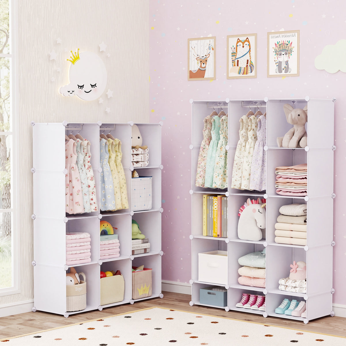 Modular Baby Wardrobe with 10 Cubes & Hanging Rod and Shelves Stackable