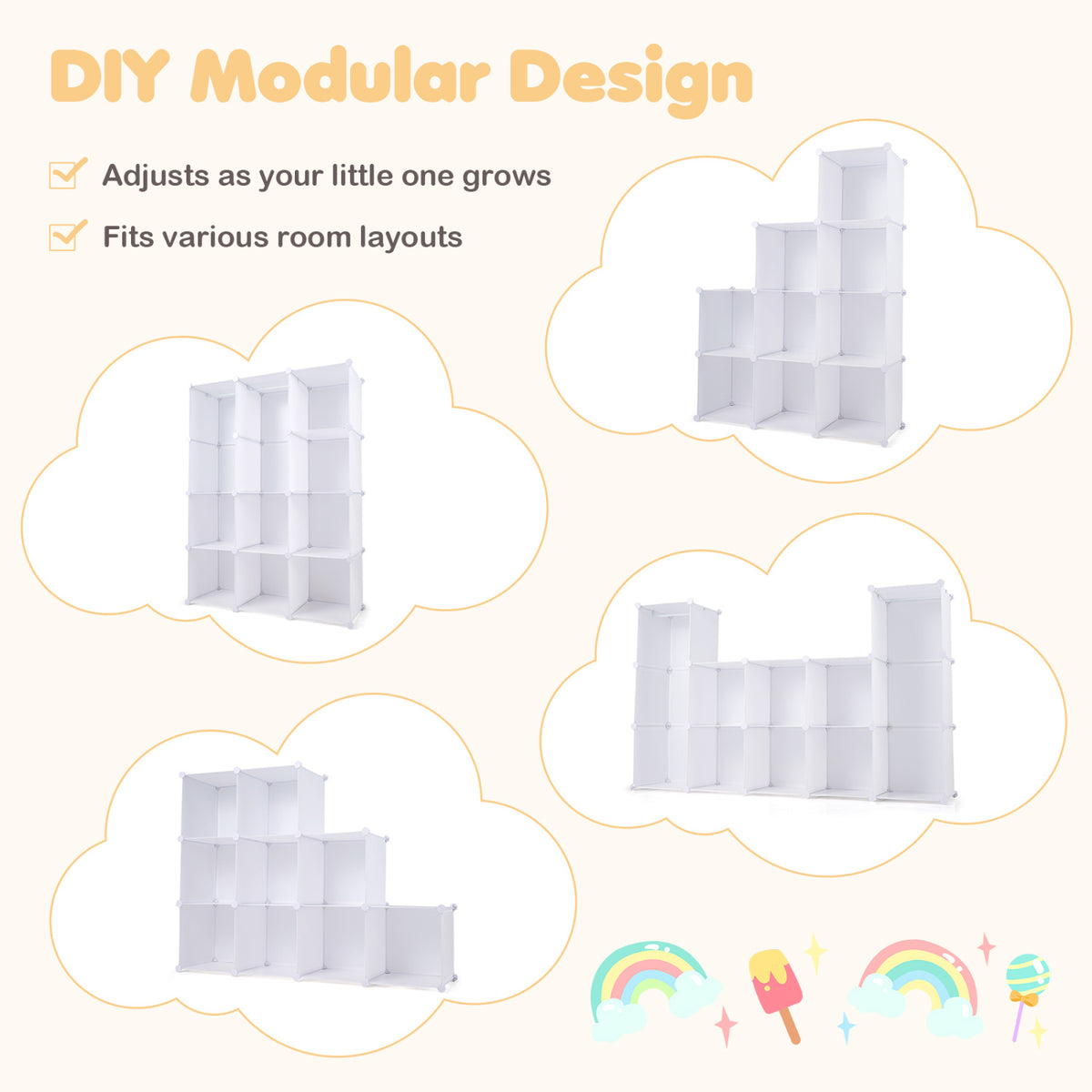 Modular Baby Wardrobe with 10 Cubes & Hanging Rod and Shelves Stackable