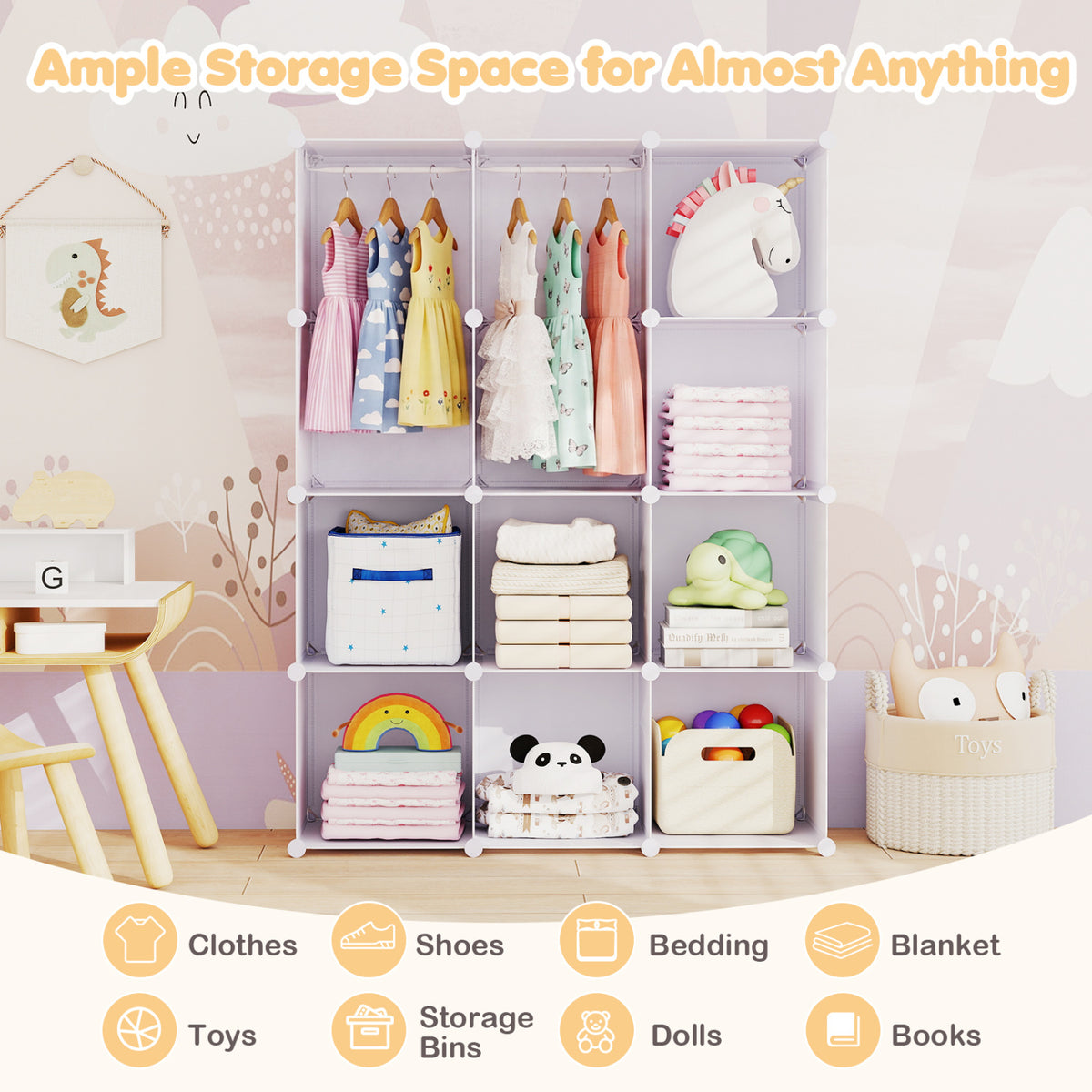 Modular Baby Wardrobe with 10 Cubes & Hanging Rod and Shelves Stackable