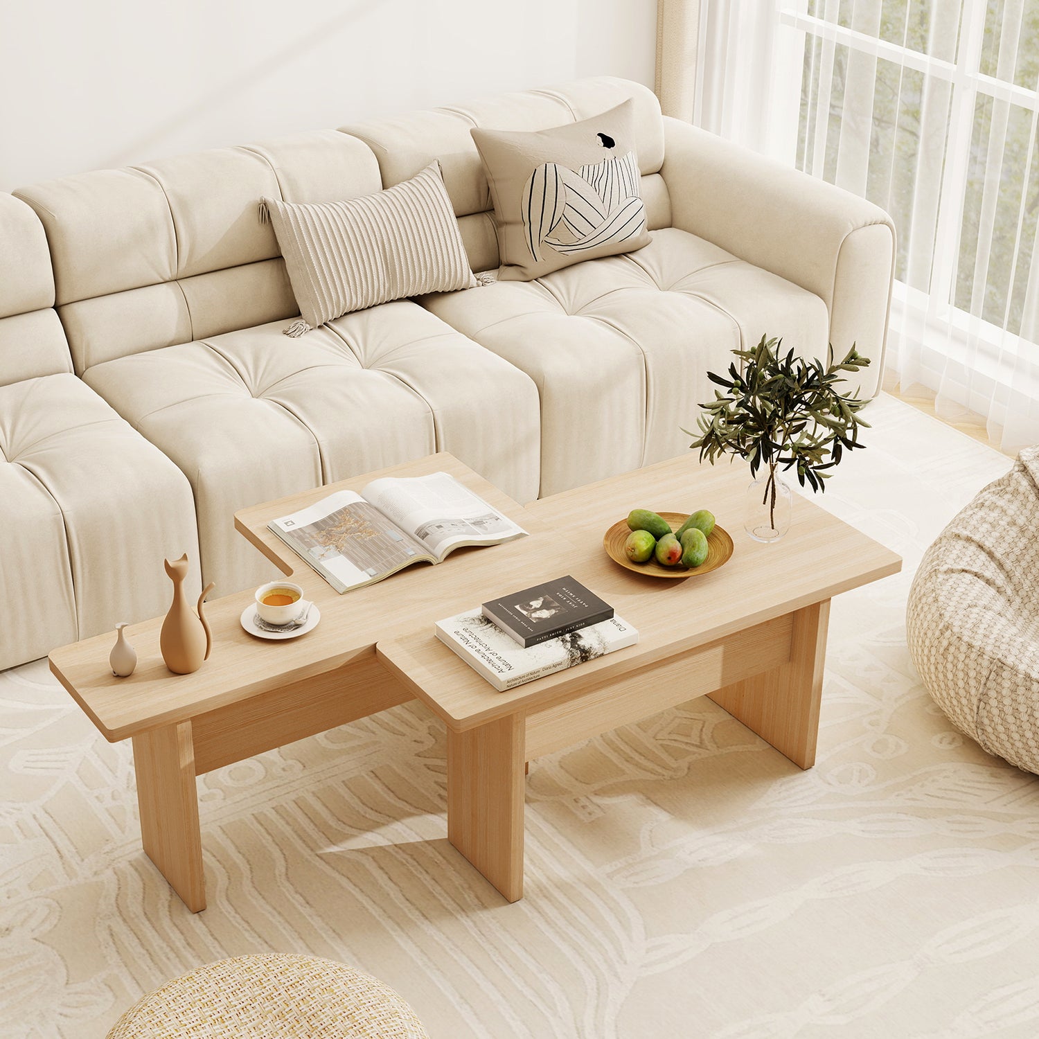 Modular Coffee Table Set of 2 L Shaped Center Tables for Small Space
