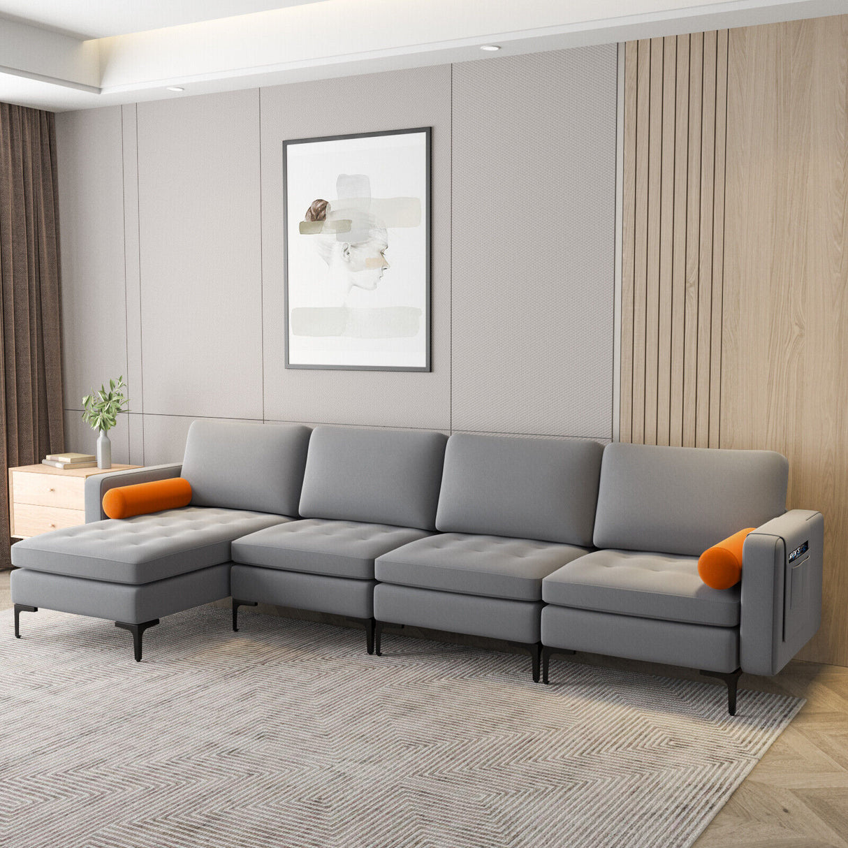 Modular L-shaped 4-Seat Sectional Sofa with Reversible Chaise and 2 USB Socket