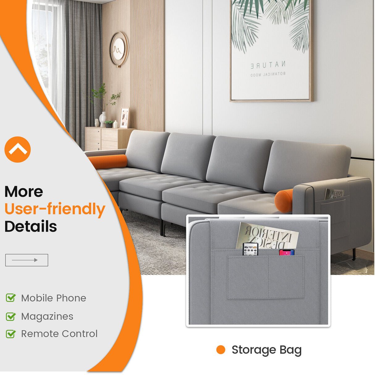 Modular L-shaped 4-Seat Sectional Sofa with Reversible Chaise and 2 USB Socket