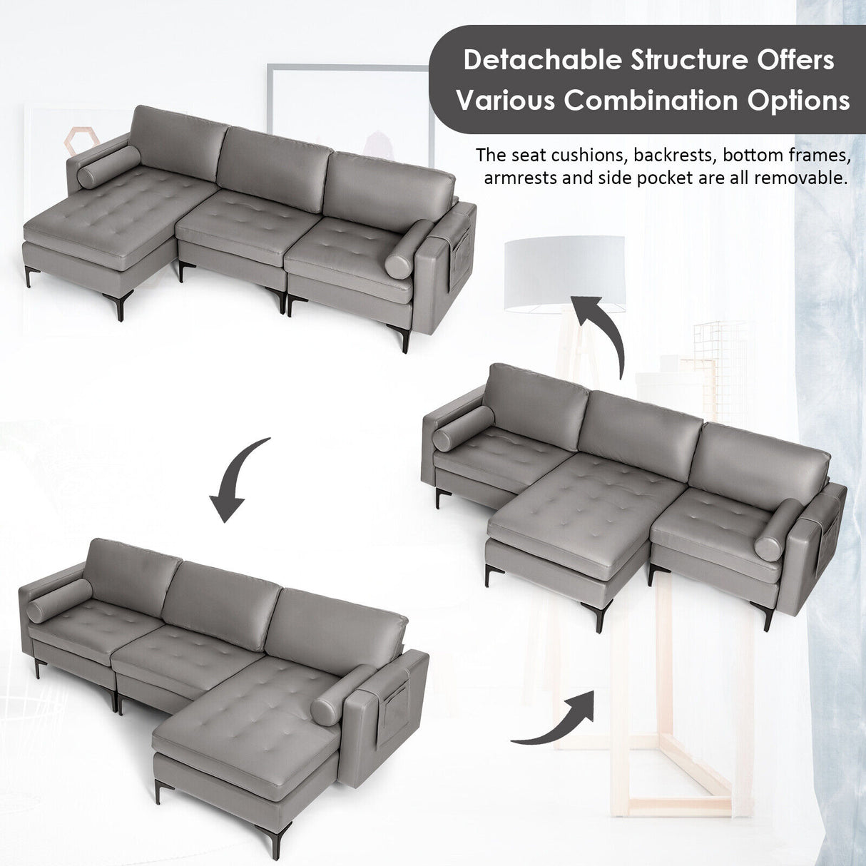 Modular 1/2/3/4-Seat L-Shaped Sectional Sofa Couch with Socket USB Port-3-Seat L