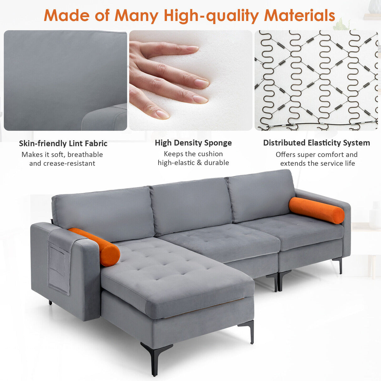 Modular 1/2/3/4-Seat L-Shaped Sectional Sofa Couch with Socket USB Port-3-Seat L