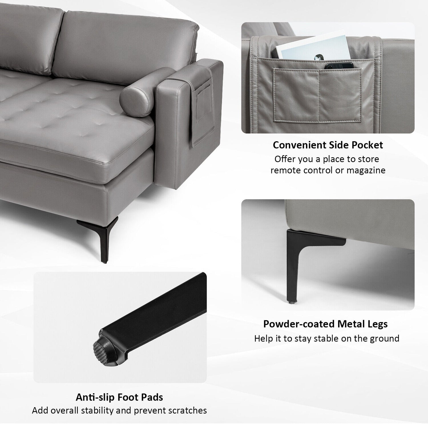 Modular 1/2/3/4-Seat L-Shaped Sectional Sofa Couch with Socket USB Port-3-Seat L