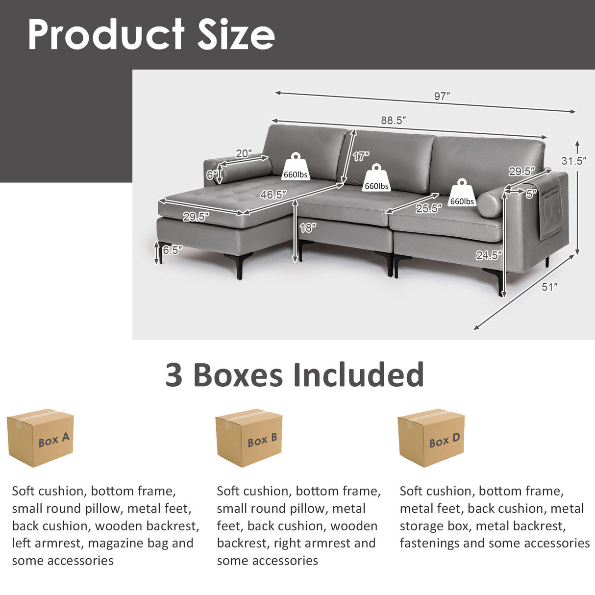 Modular 1/2/3/4-Seat L-Shaped Sectional Sofa Couch with Socket USB Port-3-Seat L