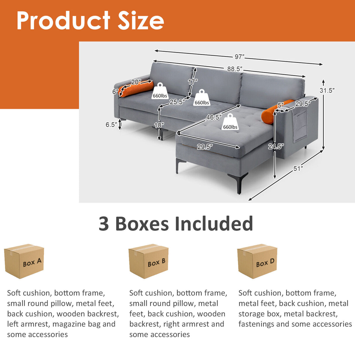 Modular 1/2/3/4-Seat L-Shaped Sectional Sofa Couch with Socket USB Port-3-Seat L