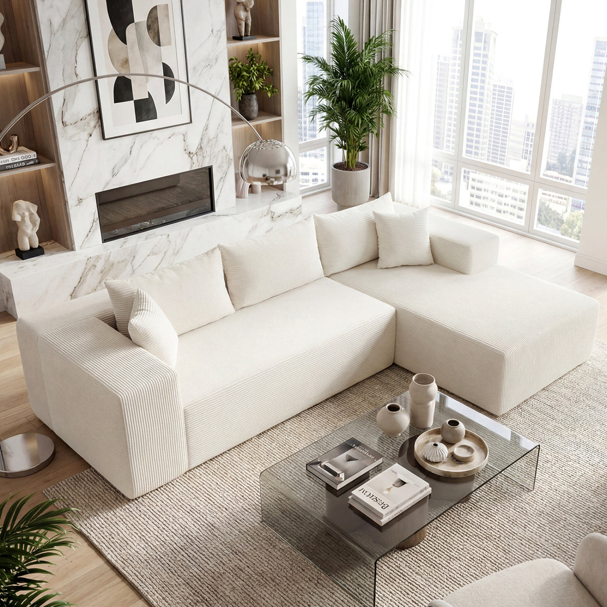 Modular Sectional Sofa Corduroy Upholstered L-shaped Sofa Couch with Deep Seats