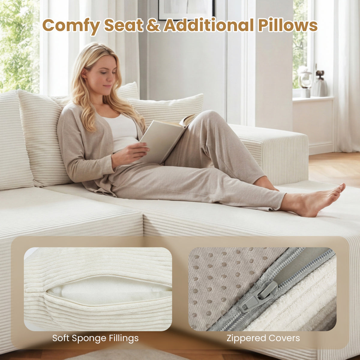 Modular Sectional Sofa Corduroy Upholstered L-shaped Sofa Couch with Deep Seats