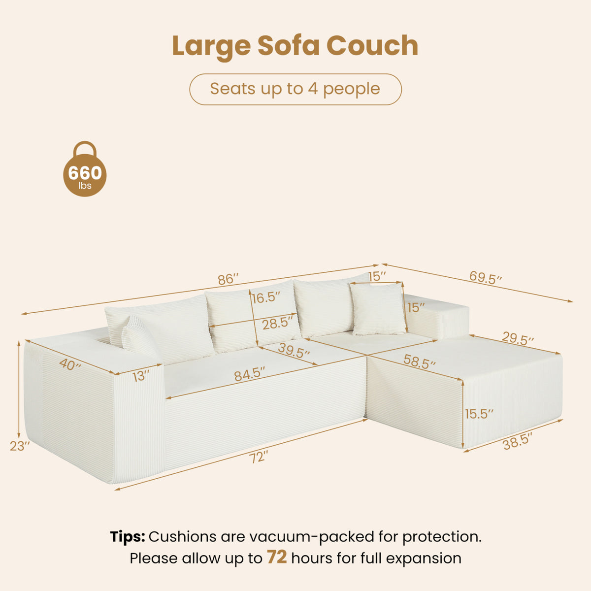 Modular Sectional Sofa Corduroy Upholstered L-shaped Sofa Couch with Deep Seats