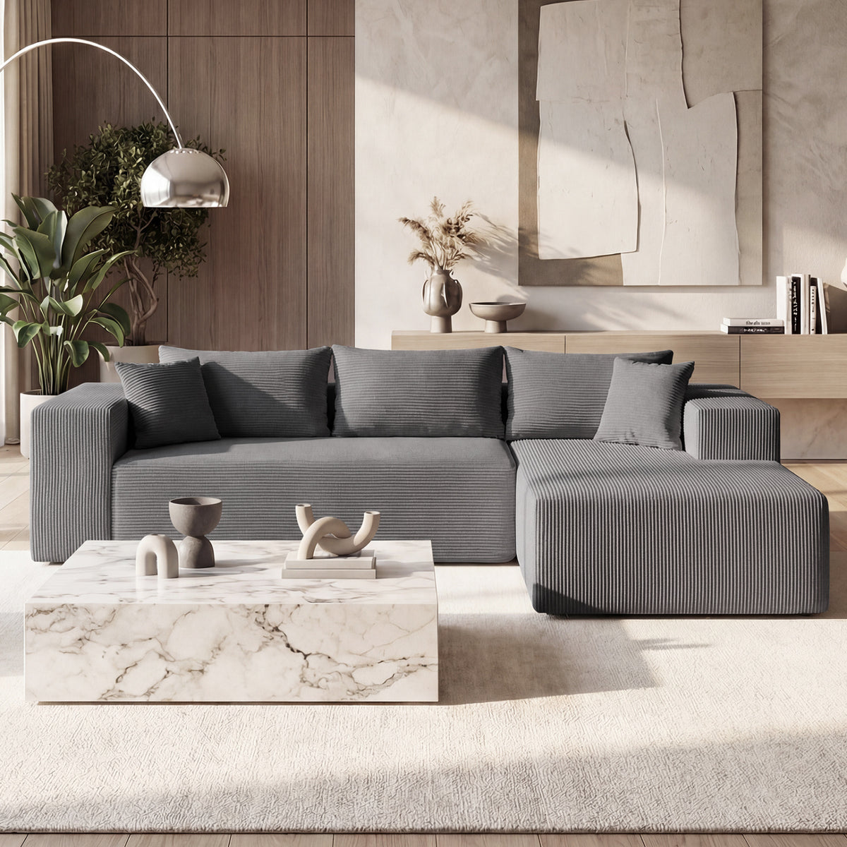 Modular Sectional Sofa Corduroy Upholstered L-shaped Sofa Couch with Deep Seats