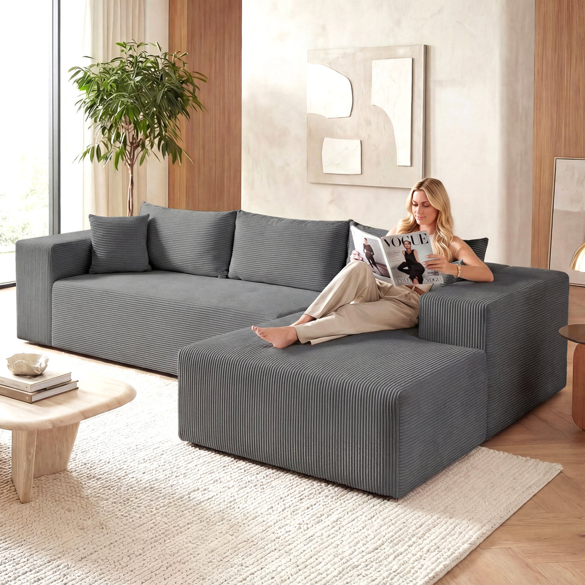 Modular Sectional Sofa Corduroy Upholstered L-shaped Sofa Couch with Deep Seats