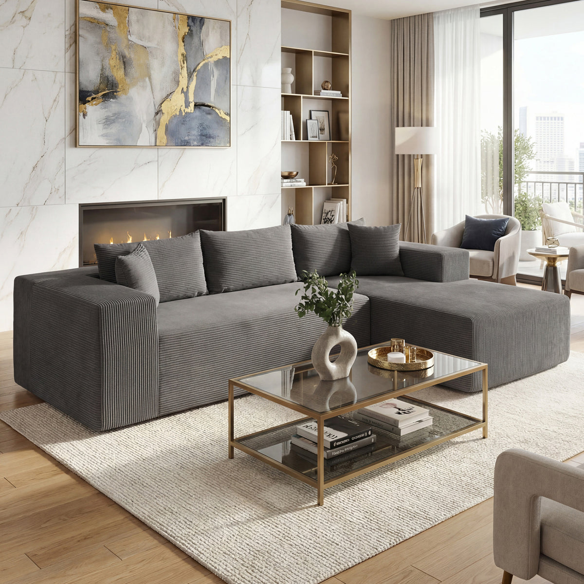 Modular Sectional Sofa Corduroy Upholstered L-shaped Sofa Couch with Deep Seats