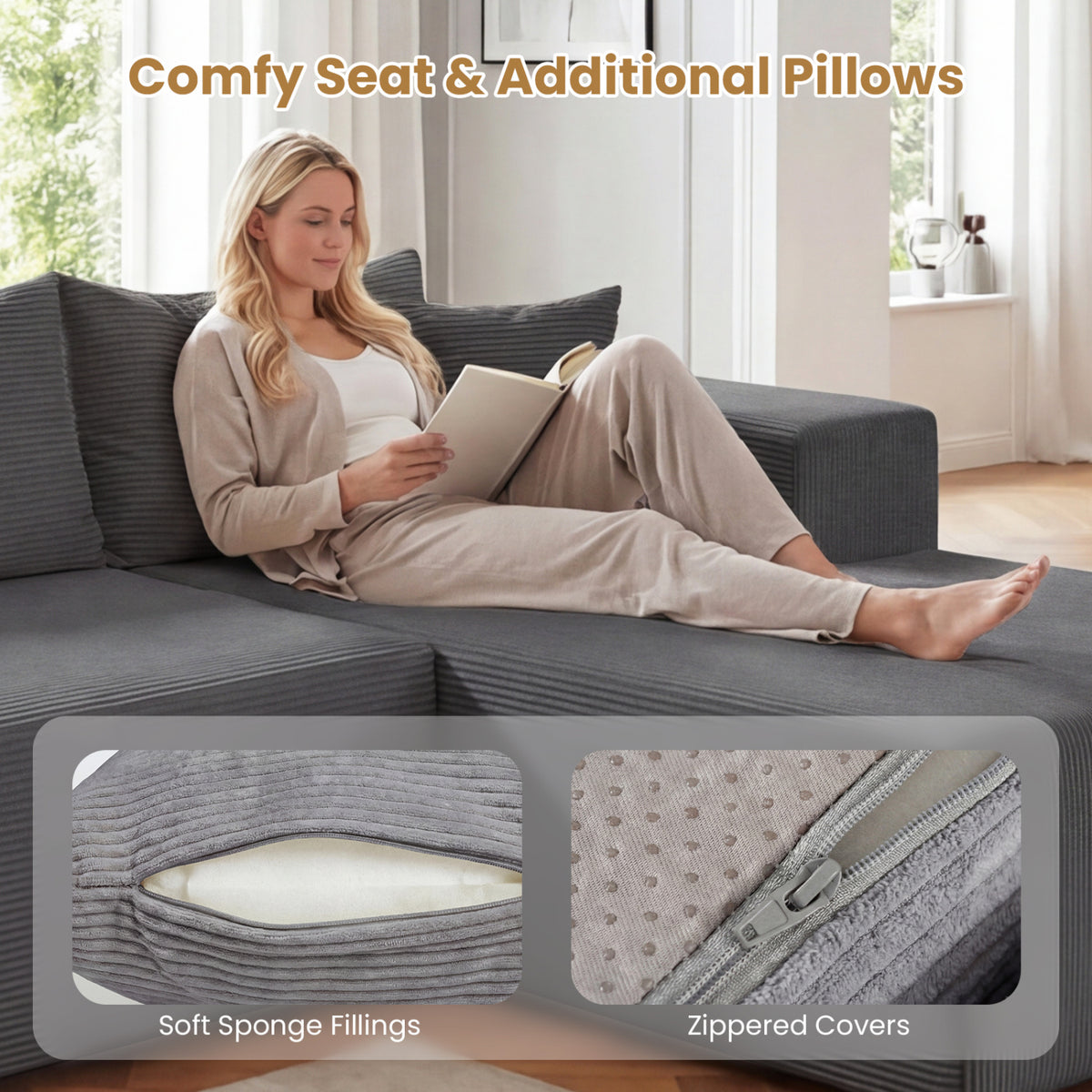 Modular Sectional Sofa Corduroy Upholstered L-shaped Sofa Couch with Deep Seats