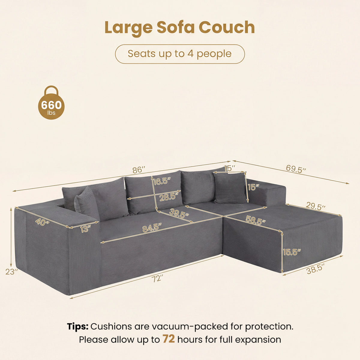 Modular Sectional Sofa Corduroy Upholstered L-shaped Sofa Couch with Deep Seats