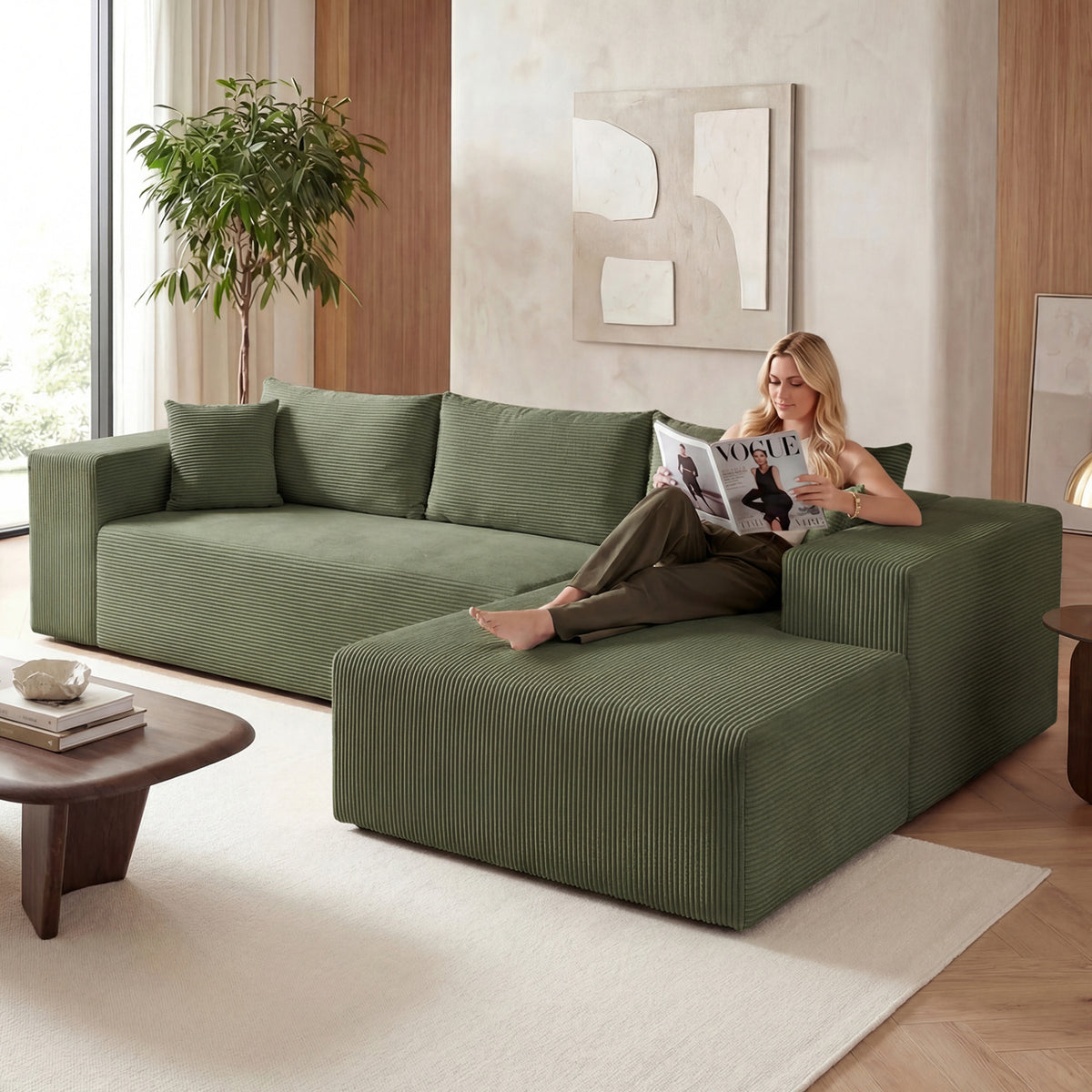 Modular Sectional Sofa Corduroy Upholstered L-shaped Sofa Couch with Deep Seats