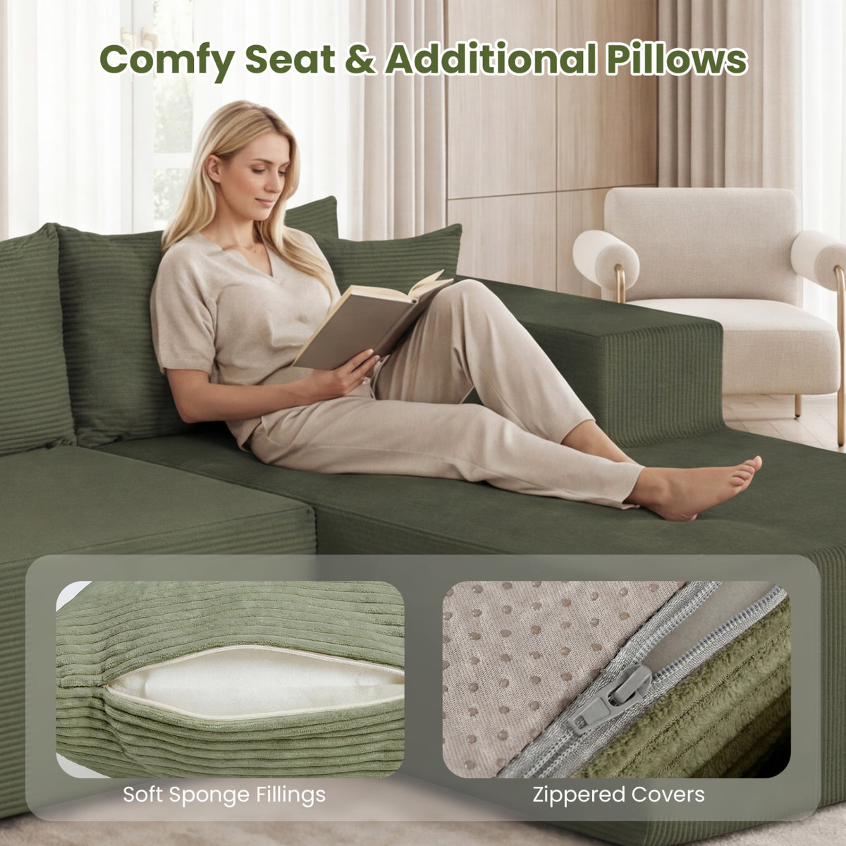 Modular Sectional Sofa Corduroy Upholstered L-shaped Sofa Couch with Deep Seats