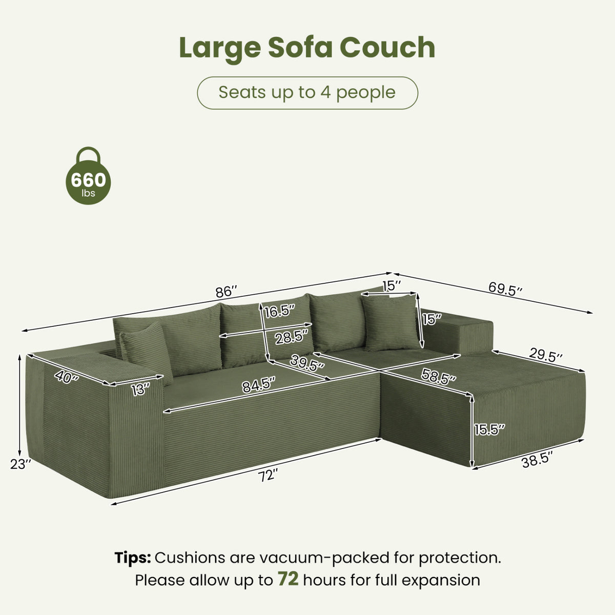 Modular Sectional Sofa Corduroy Upholstered L-shaped Sofa Couch with Deep Seats