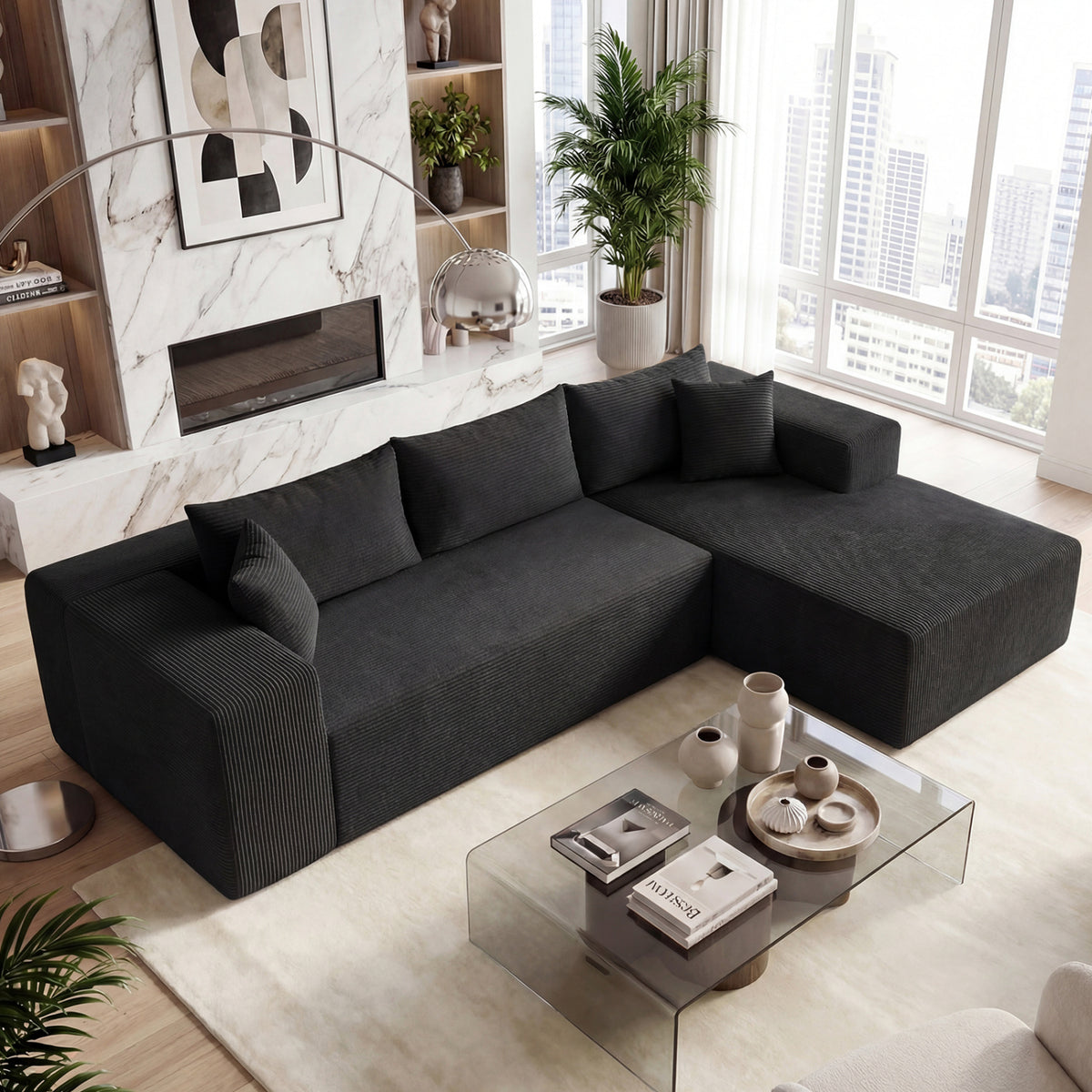 Modular Sectional Sofa Corduroy Upholstered L-shaped Sofa Couch with Deep Seats