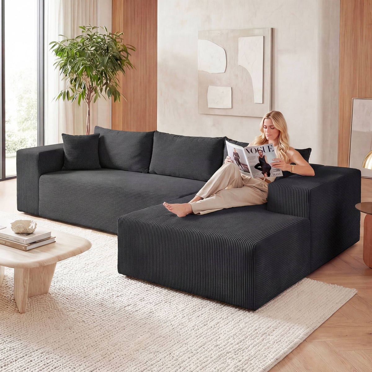 Modular Sectional Sofa Corduroy Upholstered L-shaped Sofa Couch with Deep Seats
