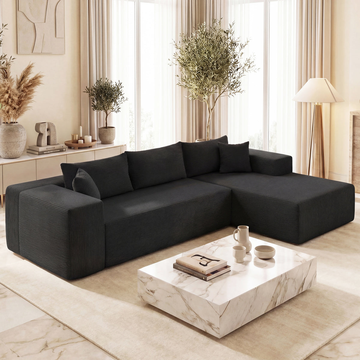 Modular Sectional Sofa Corduroy Upholstered L-shaped Sofa Couch with Deep Seats