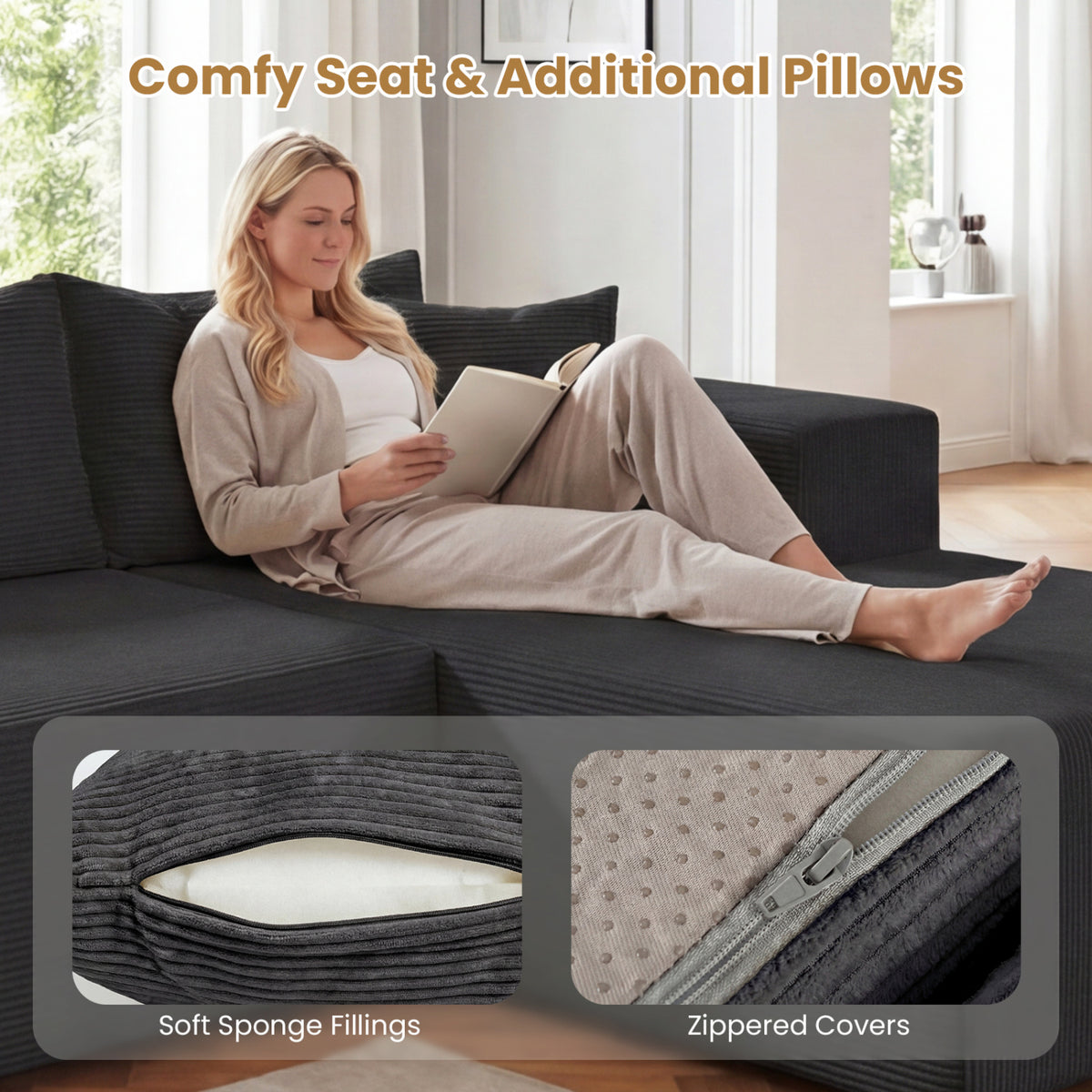 Modular Sectional Sofa Corduroy Upholstered L-shaped Sofa Couch with Deep Seats