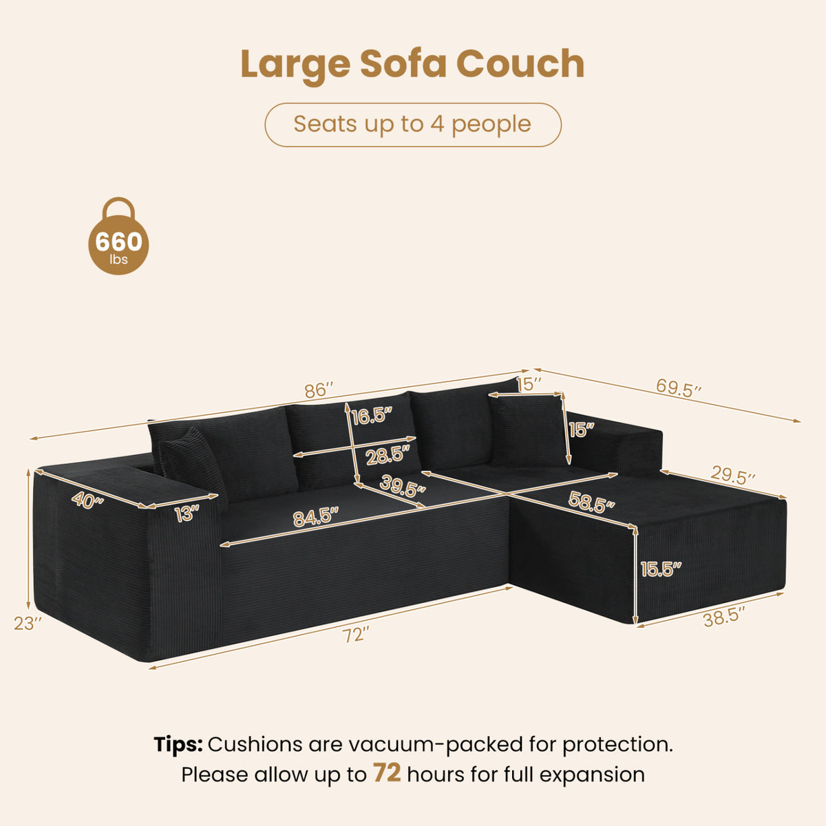 Modular Sectional Sofa Corduroy Upholstered L-shaped Sofa Couch with Deep Seats