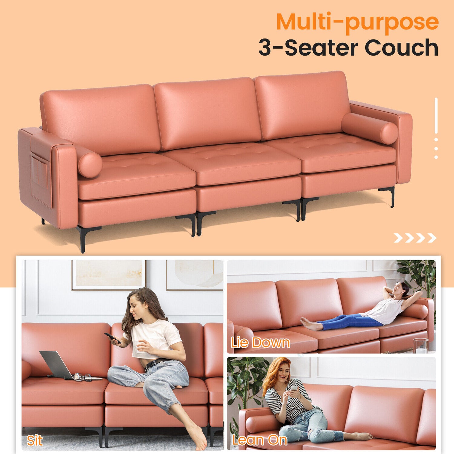 3-Seat Sofa Sectional with Side Storage Pocket and Metal Leg-3
