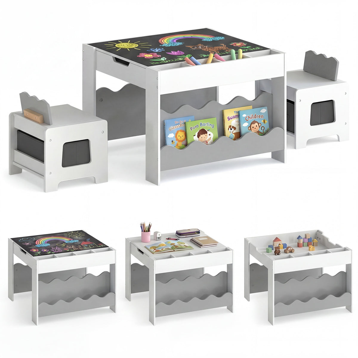 Multi-purpose Activity Kids Table and Chairs Set with Double-sided Tabletop