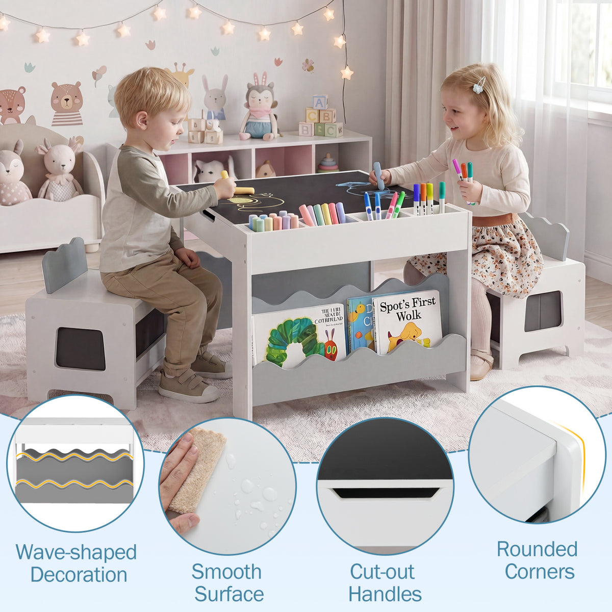 Multi-purpose Activity Kids Table and Chairs Set with Double-sided Tabletop