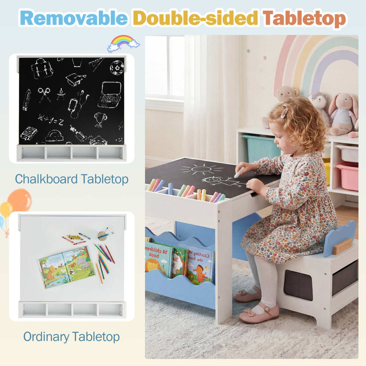 Multi-purpose Activity Kids Table and Chairs Set with Double-sided Tabletop