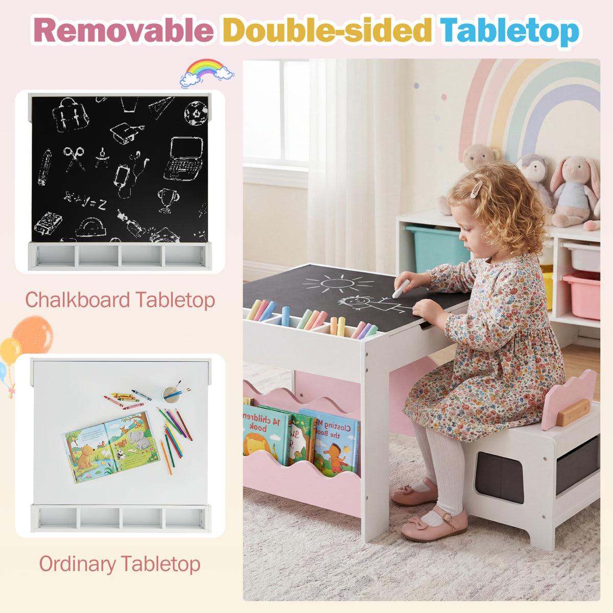 Multi-purpose Activity Kids Table and Chairs Set with Double-sided Tabletop
