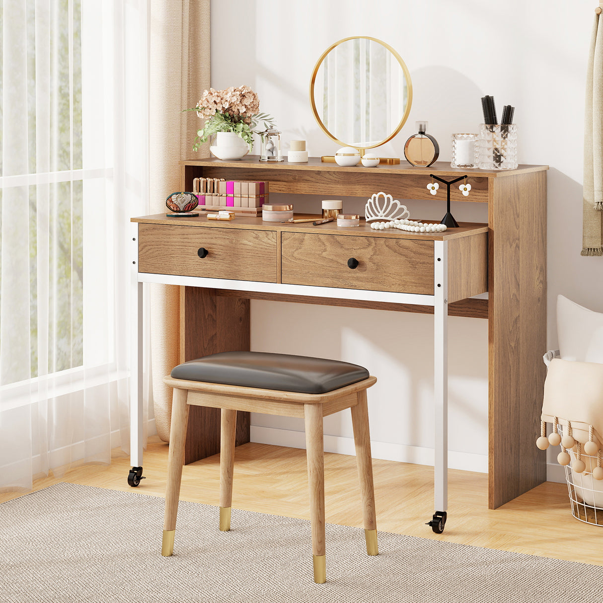 Extendable Computer Desk with Pull Out Secondary Desk-Natural