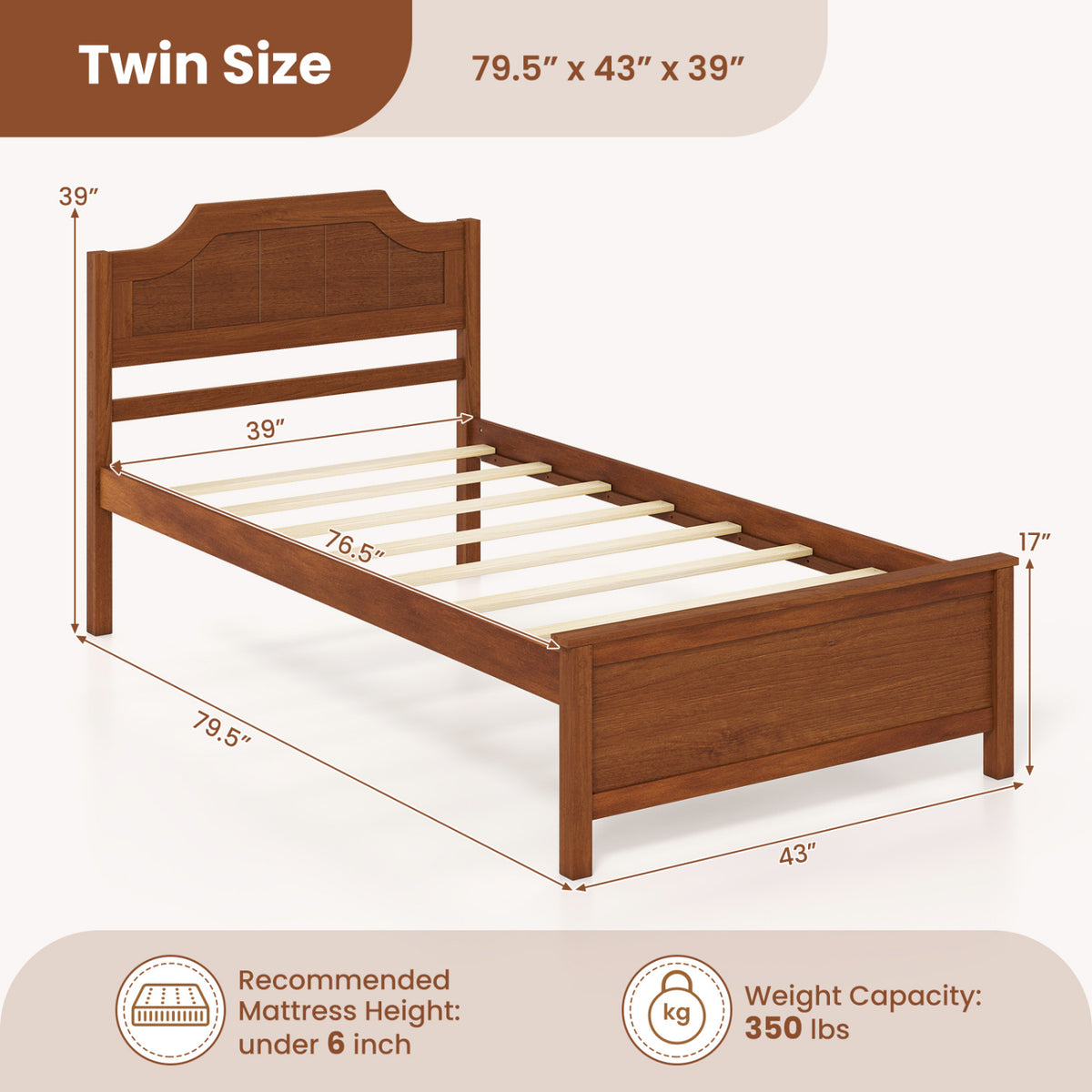 Multiple Size Solid Wood Platform Bed Frame with Headboard in Walnut