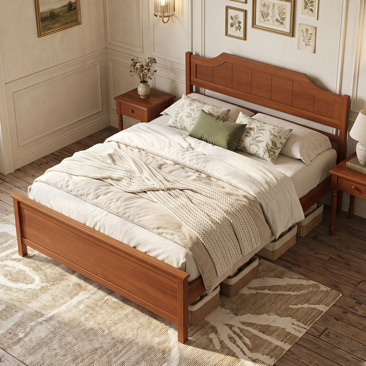 Multiple Size Solid Wood Platform Bed Frame with Headboard in Walnut